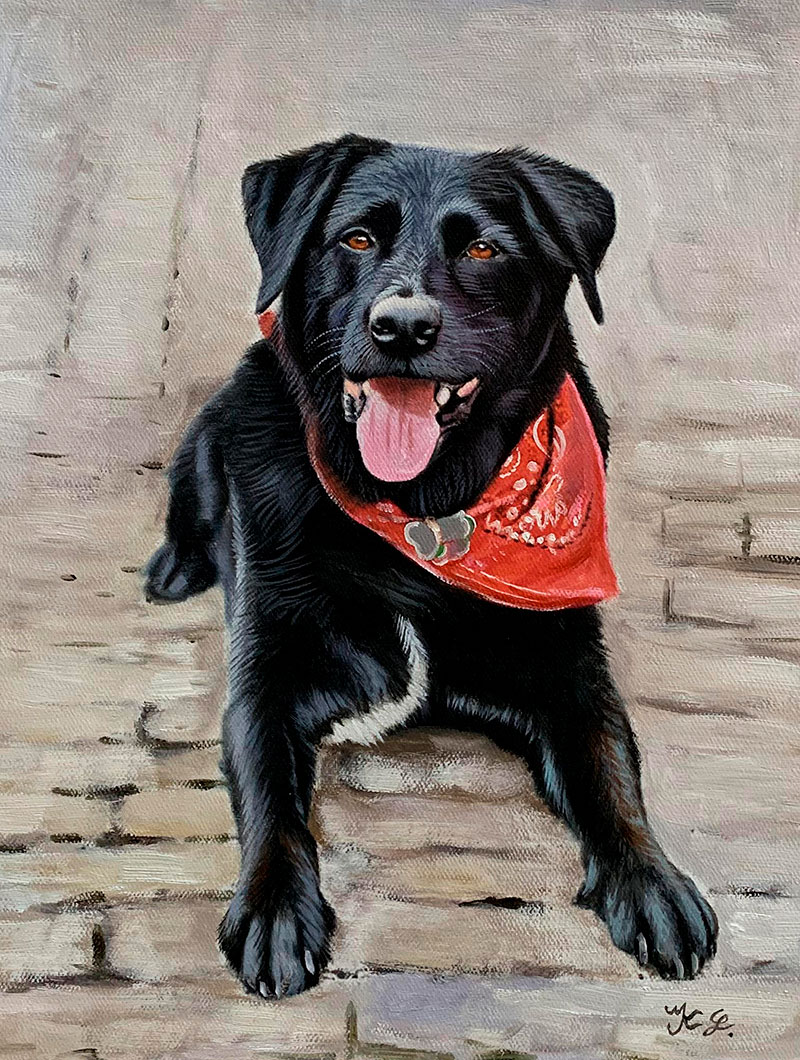 Custom oil painting of a black dog