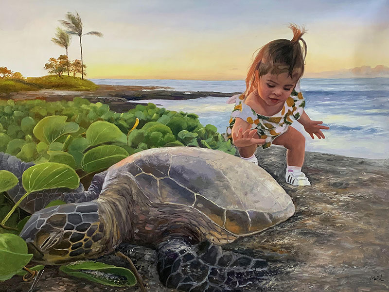 Stunning oil painting of a girl with a turtle by the sea