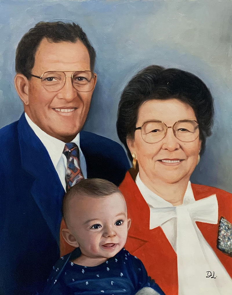 Custom oil painting of the grandparents with the grandchild