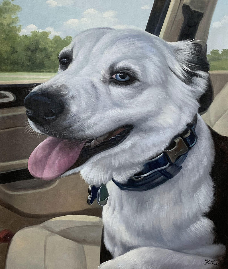 Close up oil painting of a dog with blue eyes