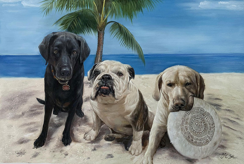 Beautiful oil drawing of the three dogs on the beach 