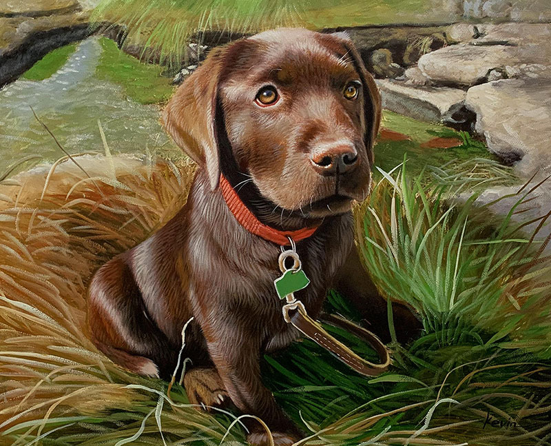 Stunning hand drawn oil painting of a puppy