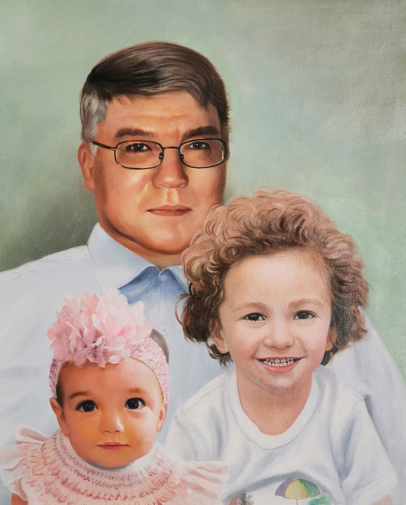 Beautiful oil painting of a father with two children