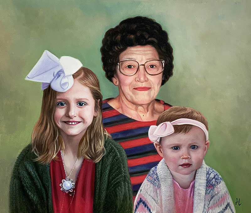 Beautiful oil artwork of a grandmother with two little girls