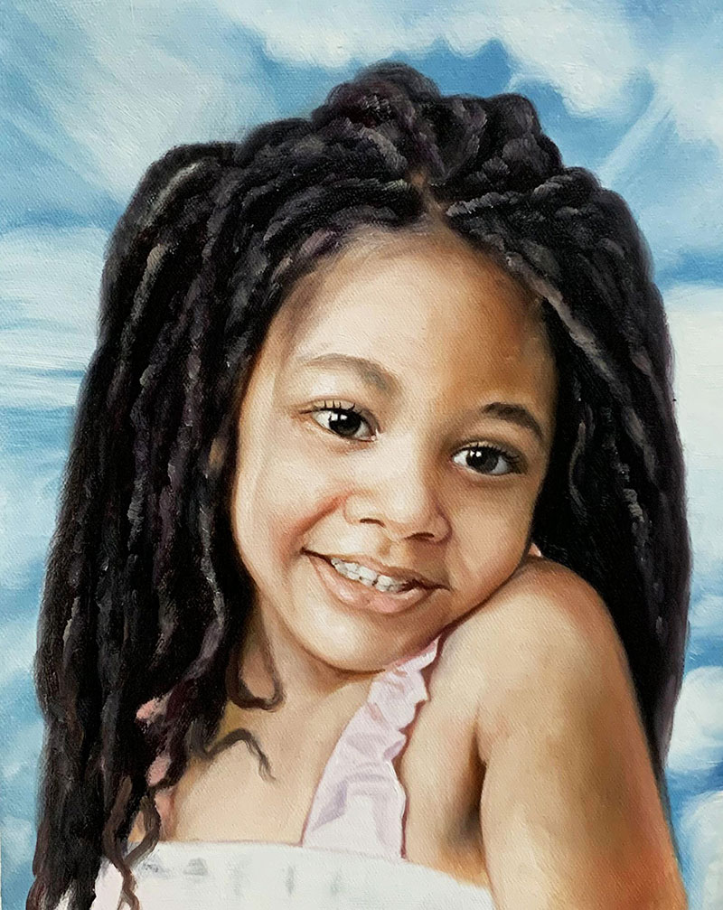Stunning oil portrait of a little girl with the braids
