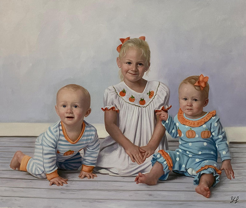 Custom oil painting of children with a solid background