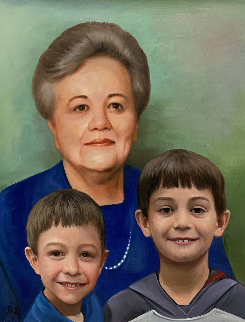 Personalized oil artwork of a grandmother and grandchildren