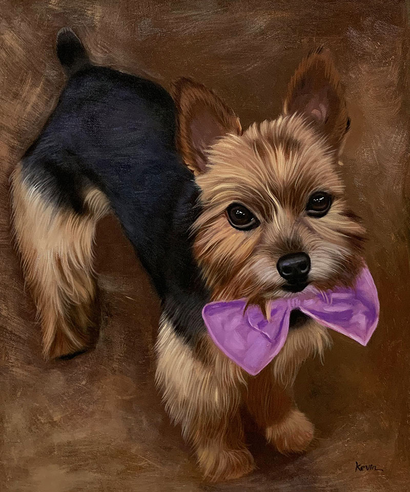 Beautiful oil painting of a dog with a purple bow