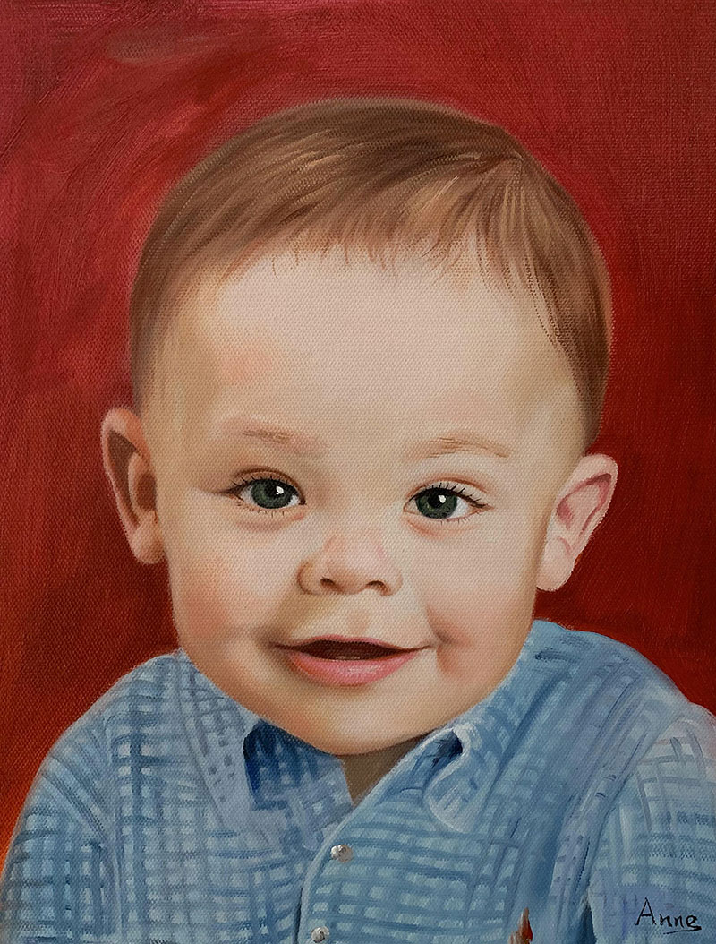 Close up oil portrait of a baby with a red background