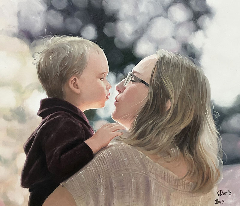 Oil painting of a mom kissing a baby