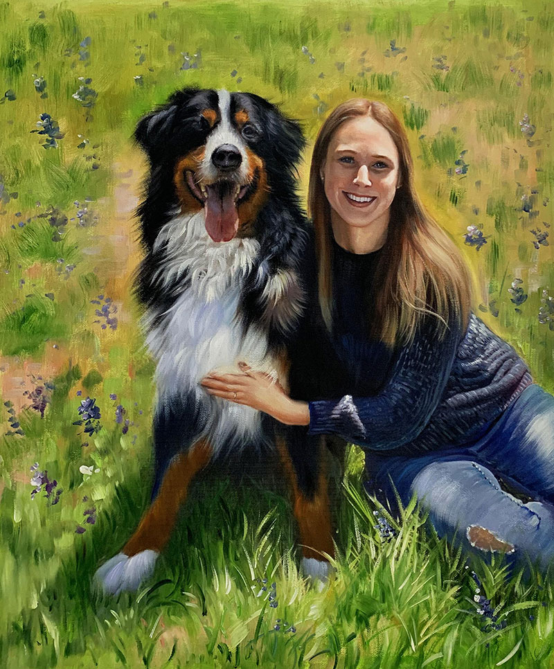Stunning oil painting of a girl with a dog