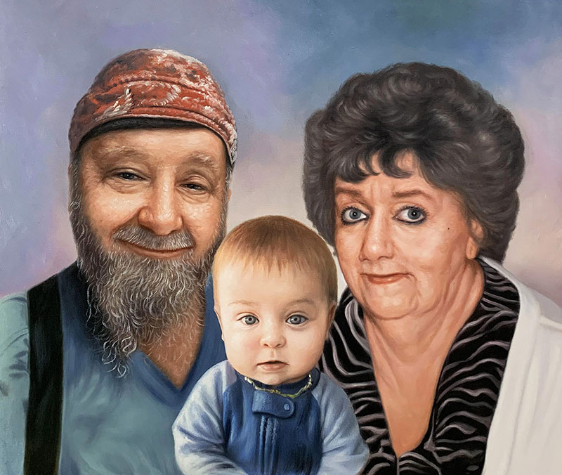 Beautiful oil artwork of the grandparents with a grandchild