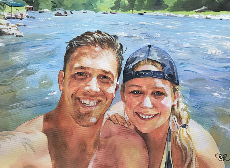 Custom pastel painting of a couple by the river