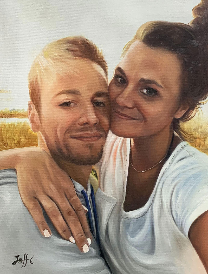 Stunning oil artwork of a hugging couple