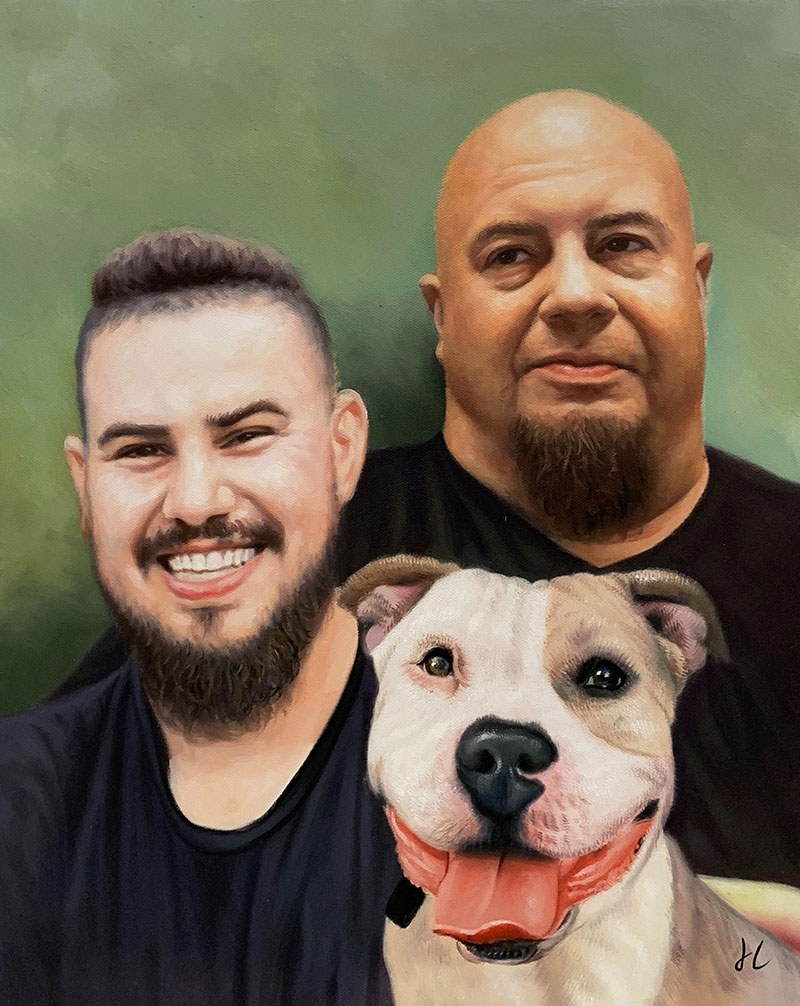 Beautiful oil painting of two men with a dog