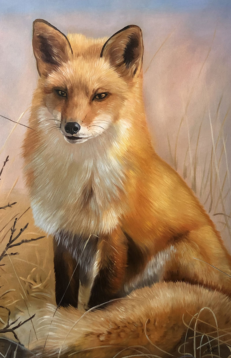 Painting of a red fox sitting in tall grass.