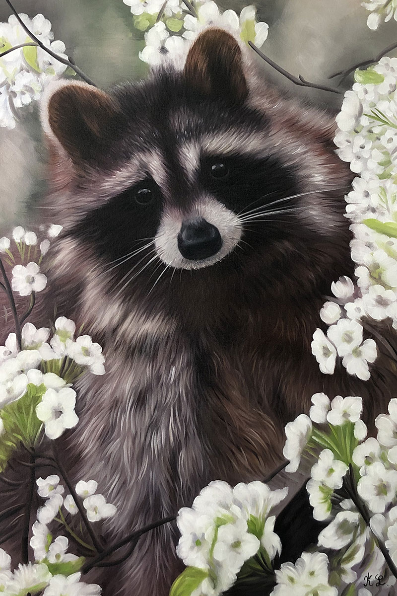 Painting of a raccoon surrounded by white flowers.
