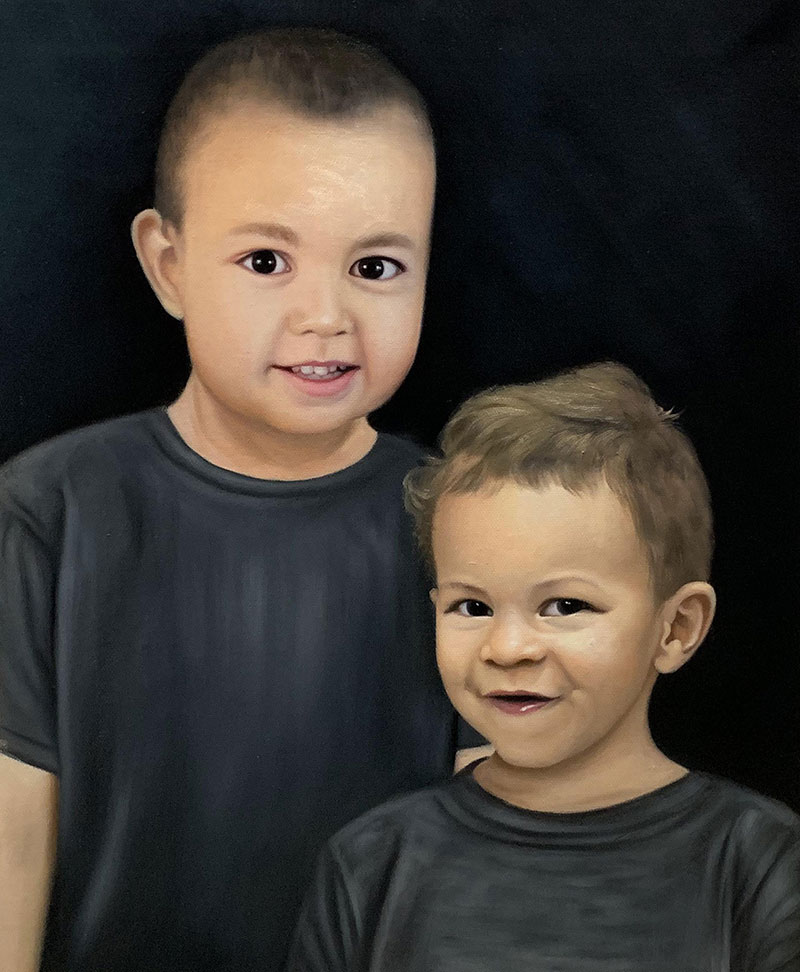 Custom oil artwork of the siblings with a solid background