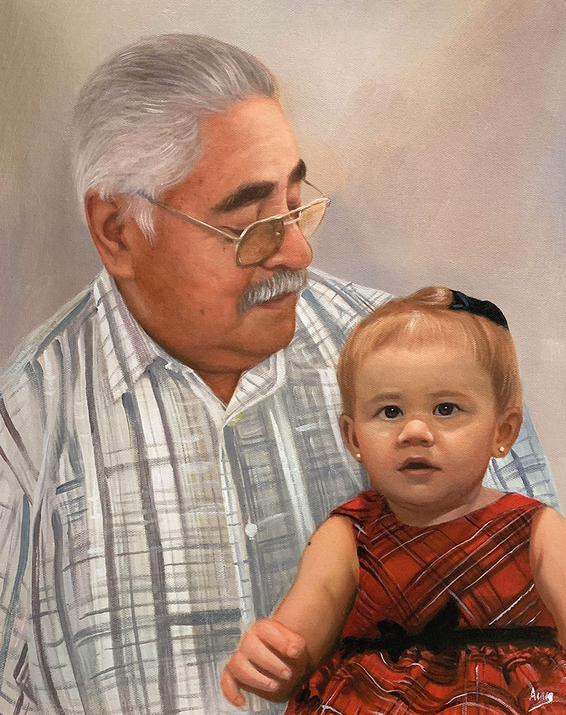 Personalized oil painting of a grandfather and a grandchild