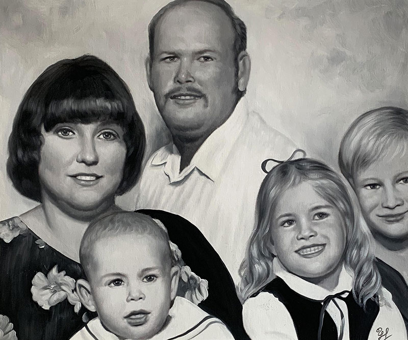 Black and white oil painting of a family