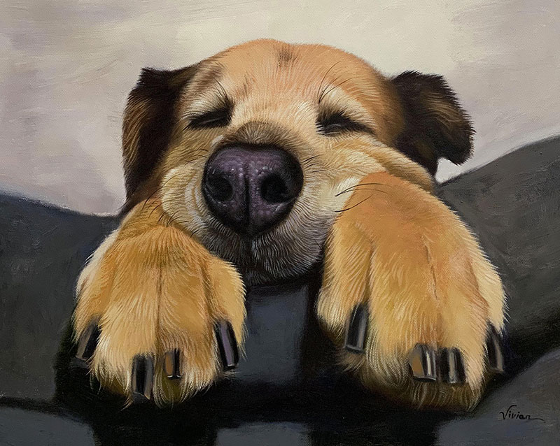 Close up oil painting of a dog