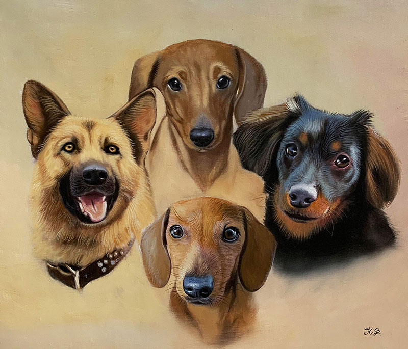 Painting of a German Shepherd and three dachshunds.