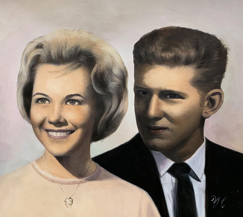 Vintage oil painting of a couple with a solid background