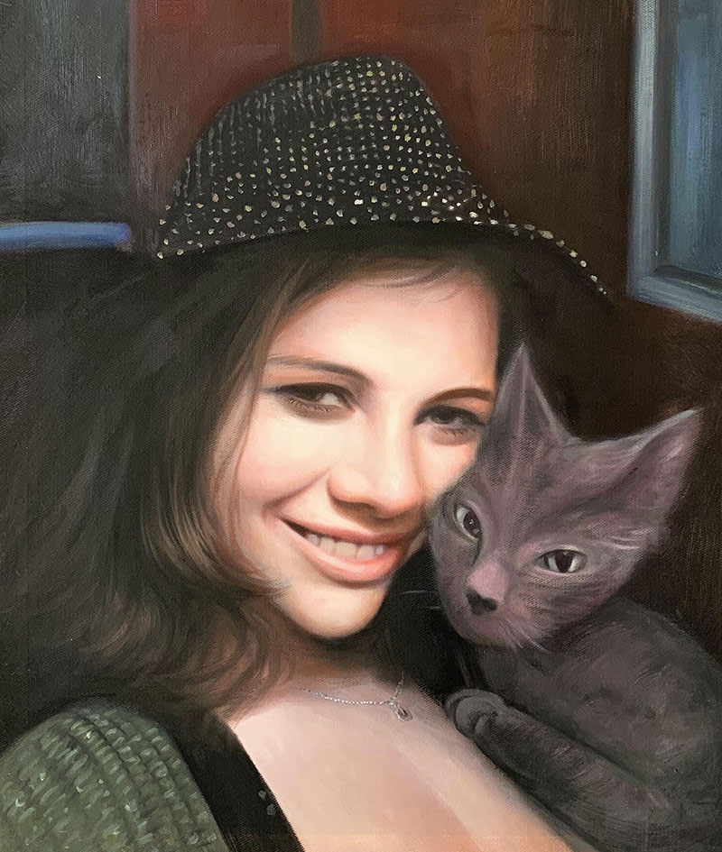 Beautiful acrylic painting of a girl with a cat