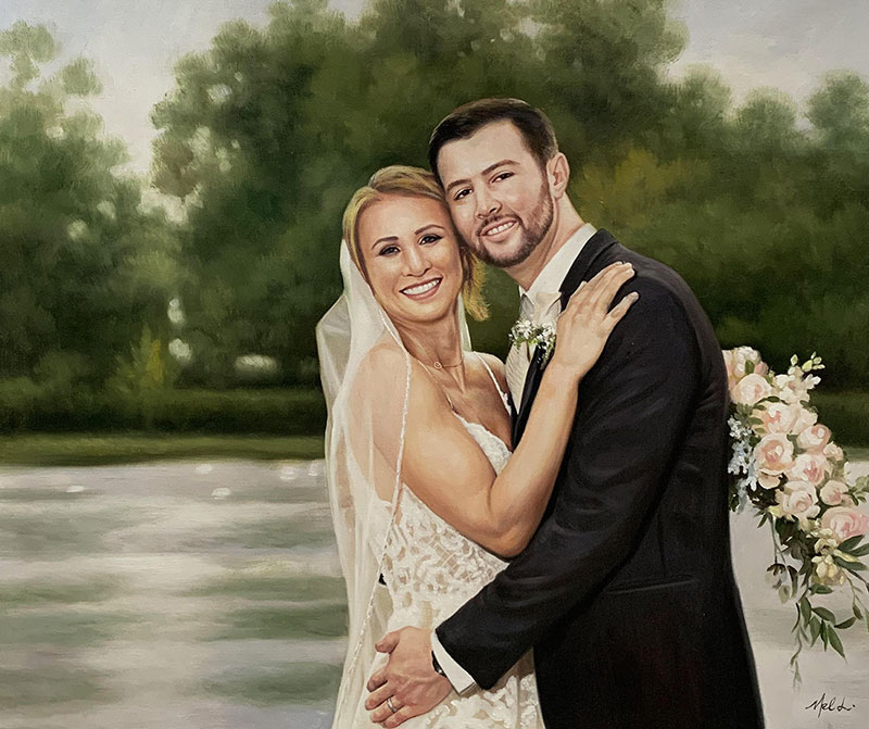 Stunning oil artwork of the just married couple