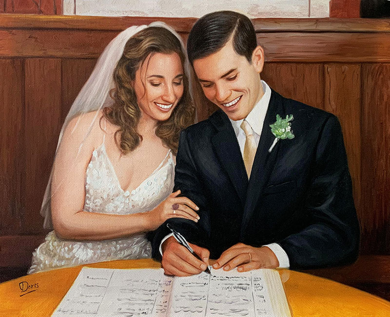 Beautiful oil painting of a just married couple