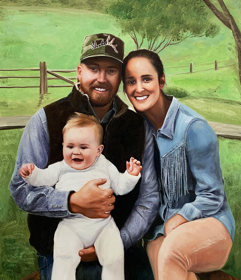 Custom oil painting of a happy family in the nature