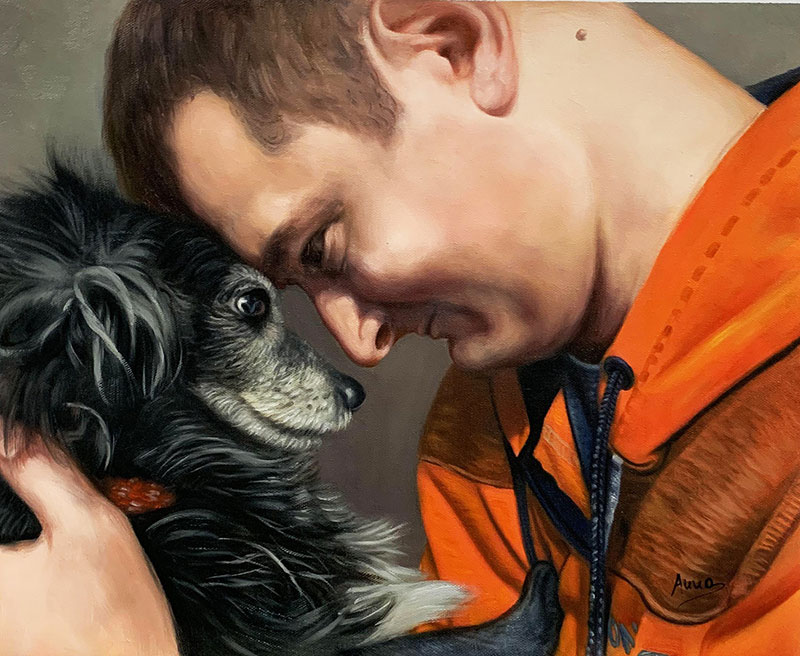 Personalized oil artwork of a man and a dog 