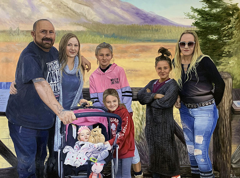 Family portrait painting, two adults, five children, baby in stroller, scenic background.