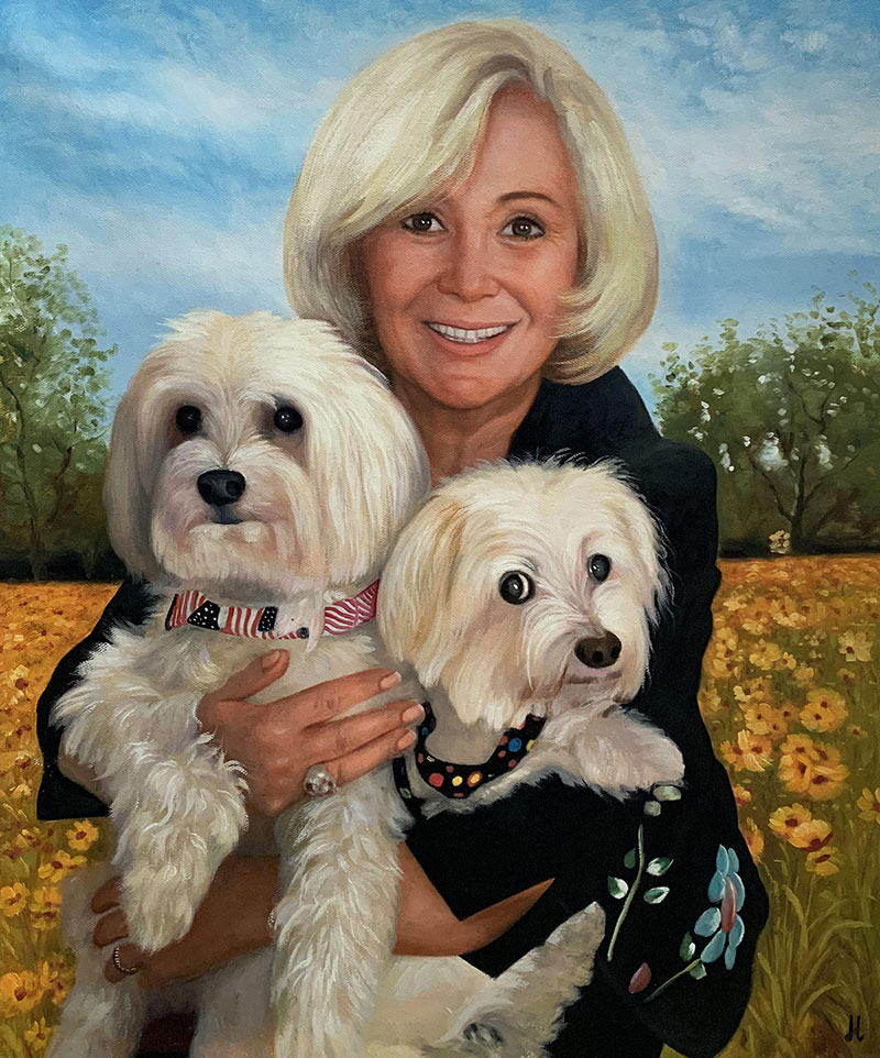 Beautiful oil painting of a women with two dogs
