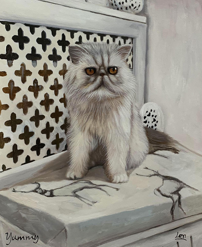 Painting of a grey Persian cat sitting on a surface with a pattern.