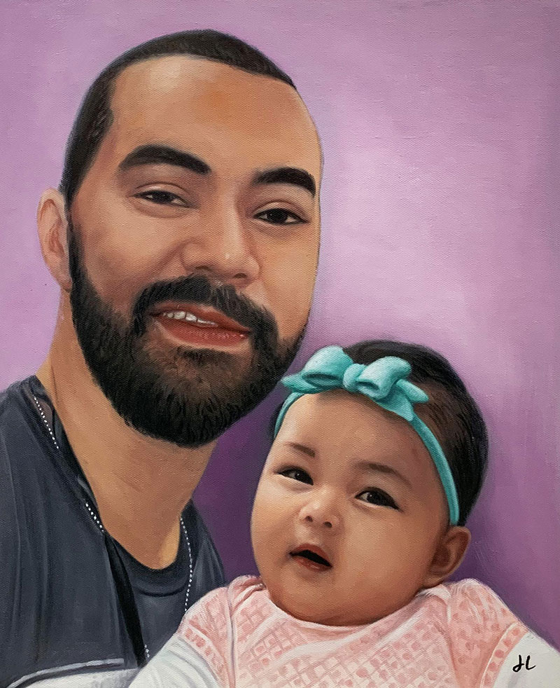 Custom oil painting of a man with a baby