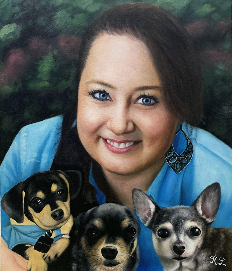 Close up oil portrait of a girl with three dogs