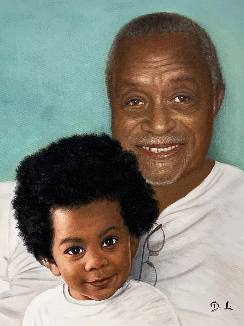 Hand drawn oil artwork of a grandfather and a grandson