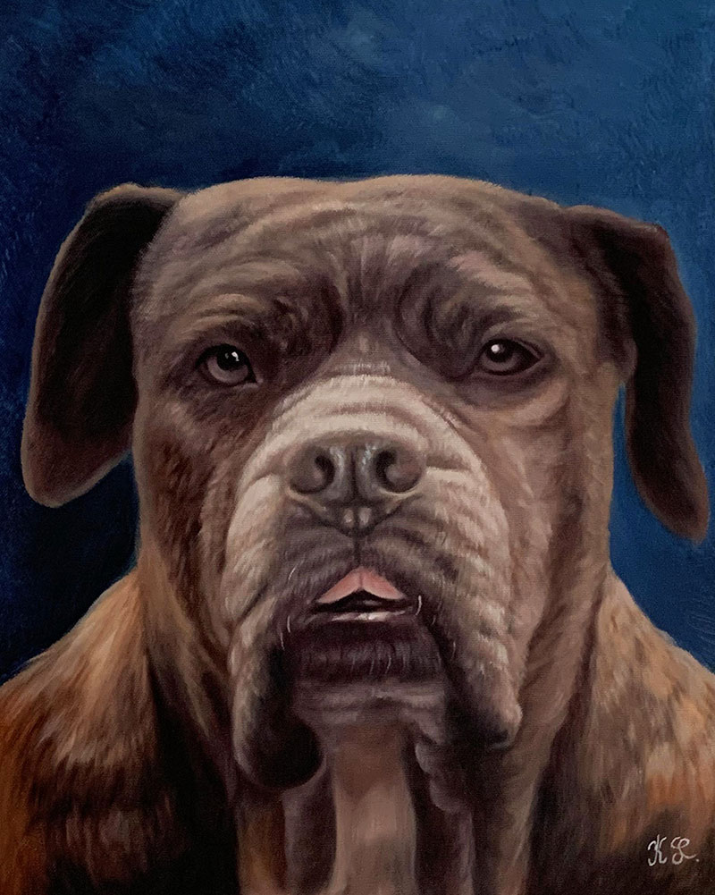 Close up acrylic painting of a dog with a solid background