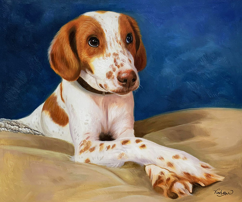 Beautiful oil artwork of a dog with a blue background