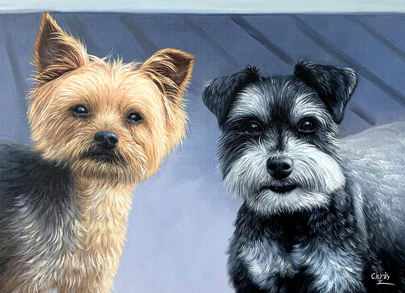 Painting of a Yorkshire Terrier and a Miniature Schnauzer.