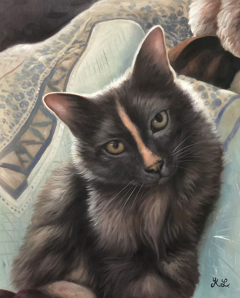 Painting of a black cat with a peach-colored chest, sitting on a patterned pillow.