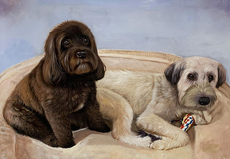 Painting of two dogs, a brown dog sitting and a light-colored dog lying down with a toy.