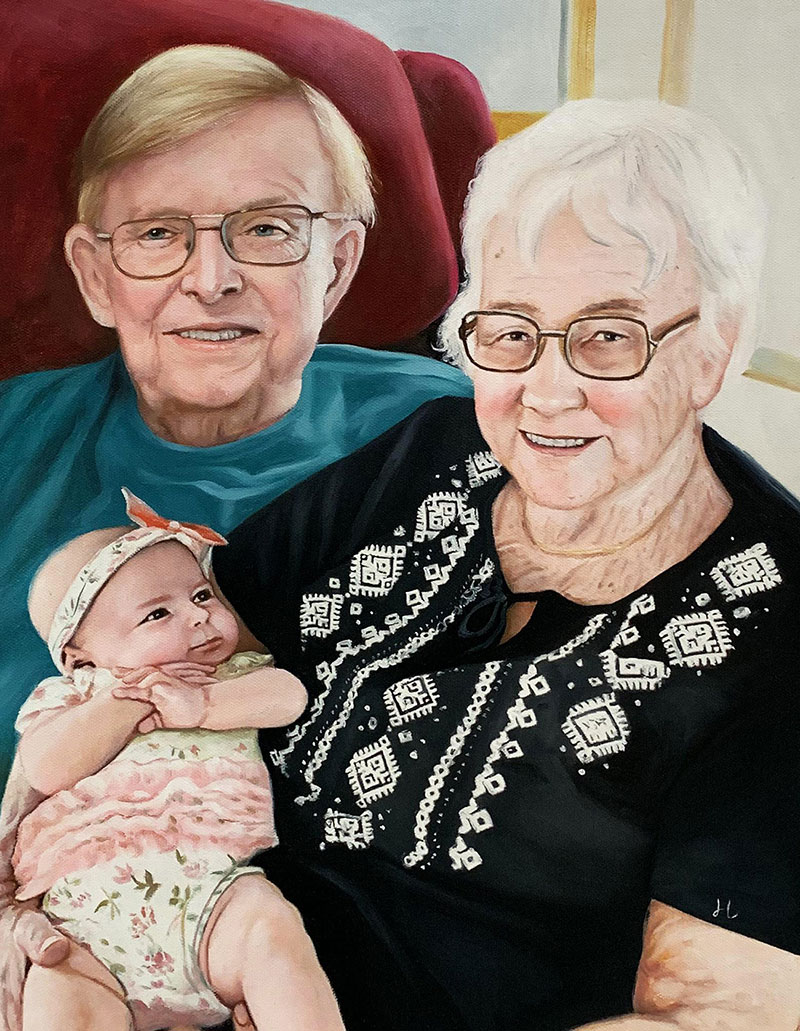 Painted portrait of grandparents holding a baby.
