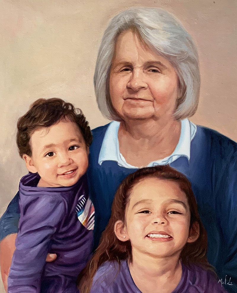 Beautiful oil artwork of a grandmother and the grandchildren