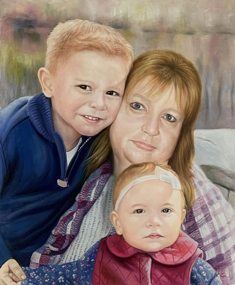 Oil painting of a woman with a young boy and baby girl.