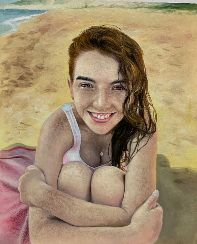 Beautiful oil artwork of a girl on the beach