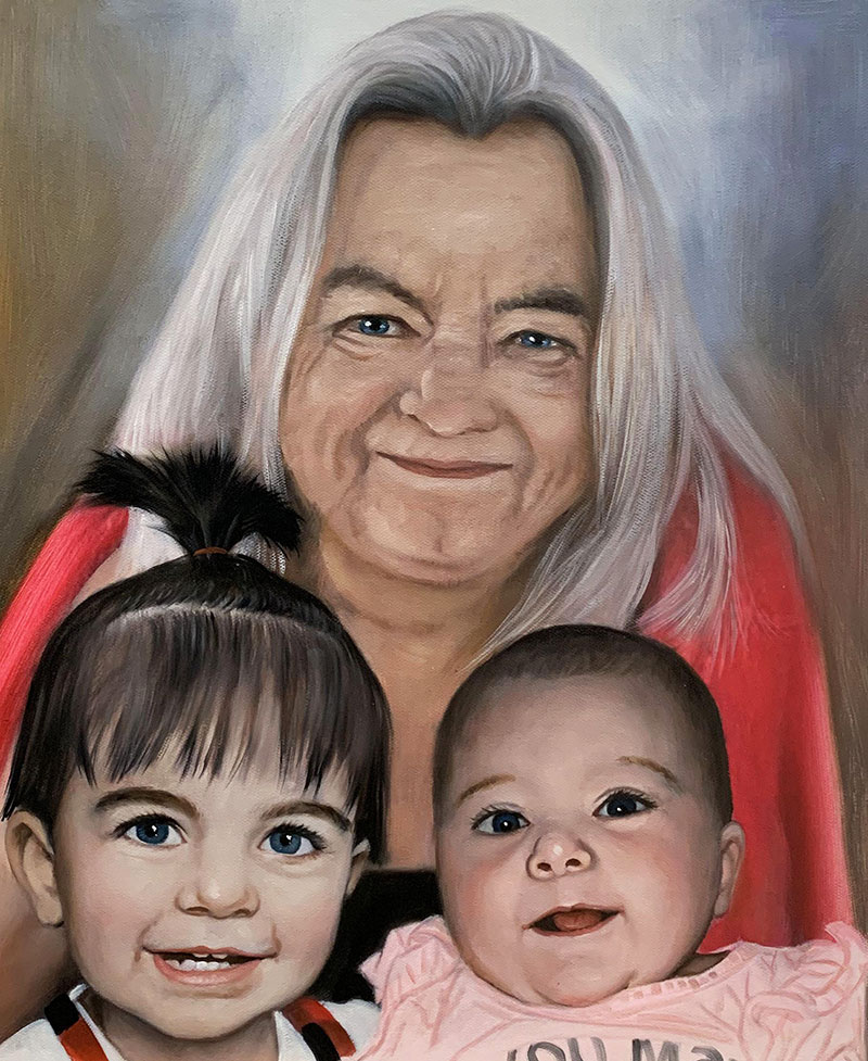 Hand drawn oil painting of a grandmother with granchildren