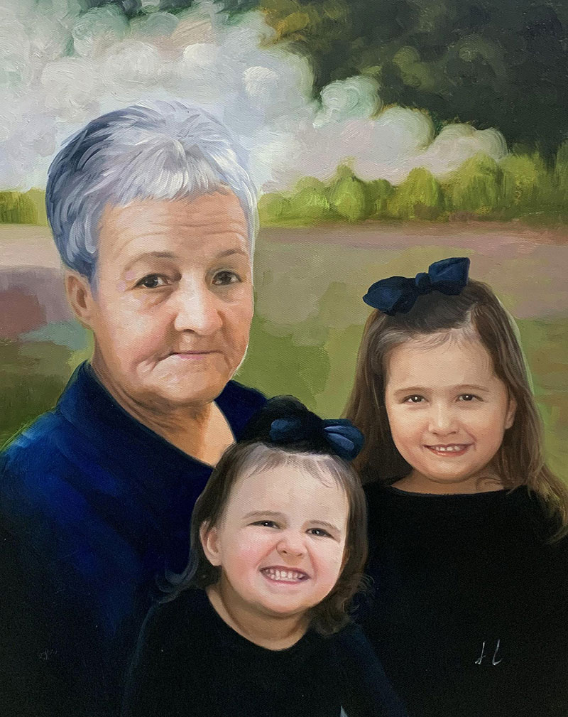 Oil painting of a grandmother and her two granddaughters.