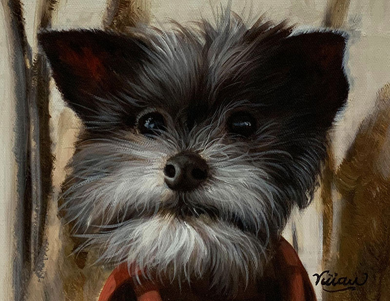Painting of a small, dark-haired dog wearing a red collar.